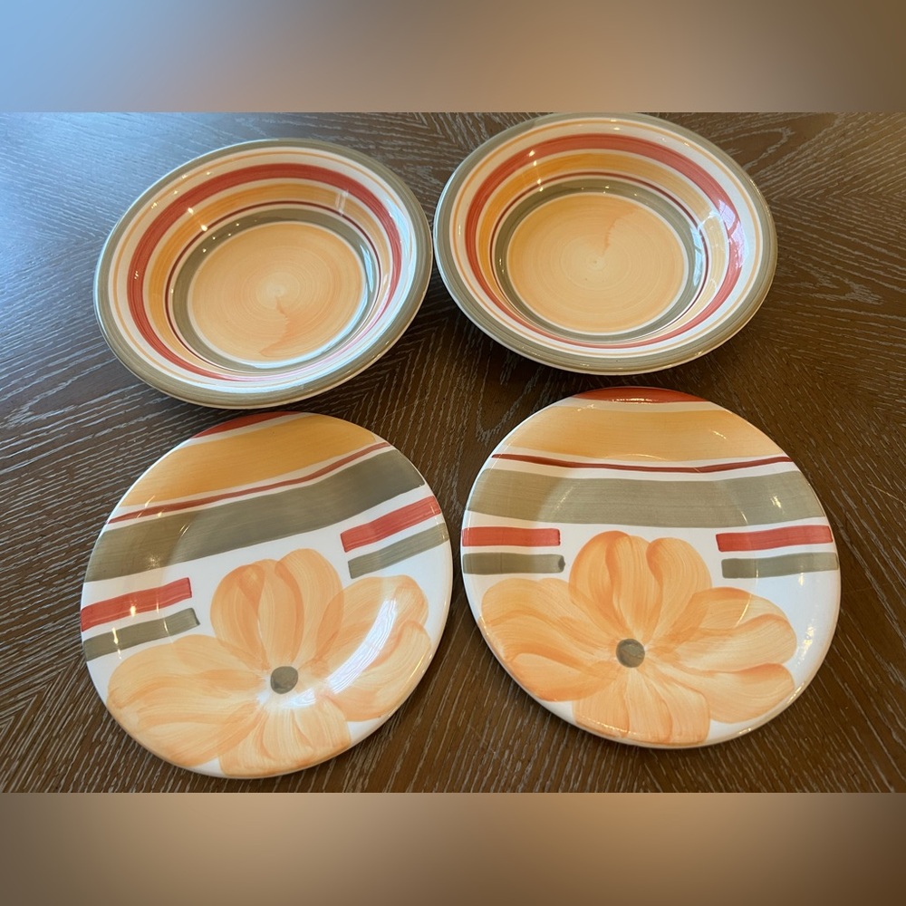 Pier 1 Set 2 Valencia Salad Plates & Soup Bowls Green Orange Flower Stripe Italy